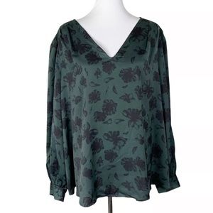 NWT Ava & Viv Satin Floral Blouse 1X Green
